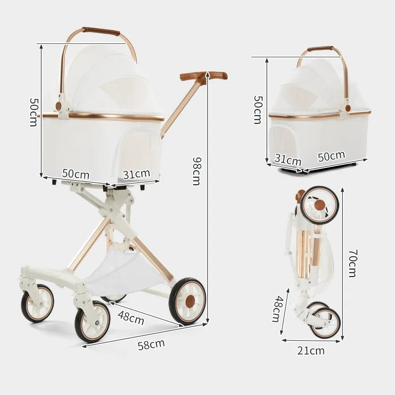 Foldable Dog Stroller Milk White PU Waterproof High Landscape Pet Stroller Outdoor Travel Pet Trolley Bearing Weight 15 KG