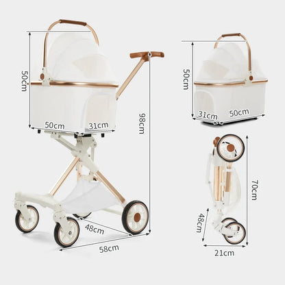 Foldable Dog Stroller Milk White PU Waterproof High Landscape Pet Stroller Outdoor Travel Pet Trolley Bearing Weight 15 KG