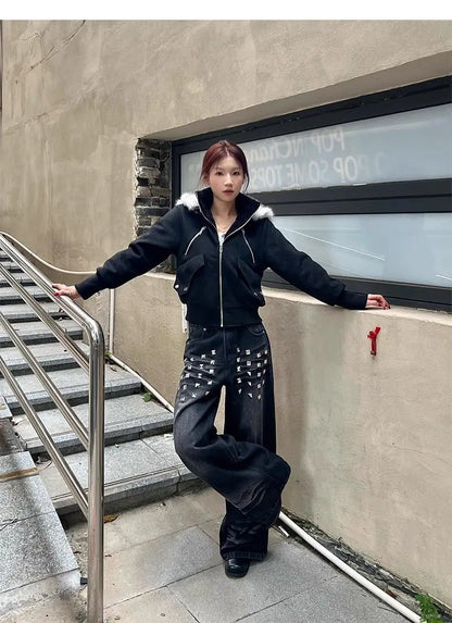 American Retro Washed Rivet Wide Leg Jeans Women Autumn and Winter New Loose Casual Slim Straight Pants