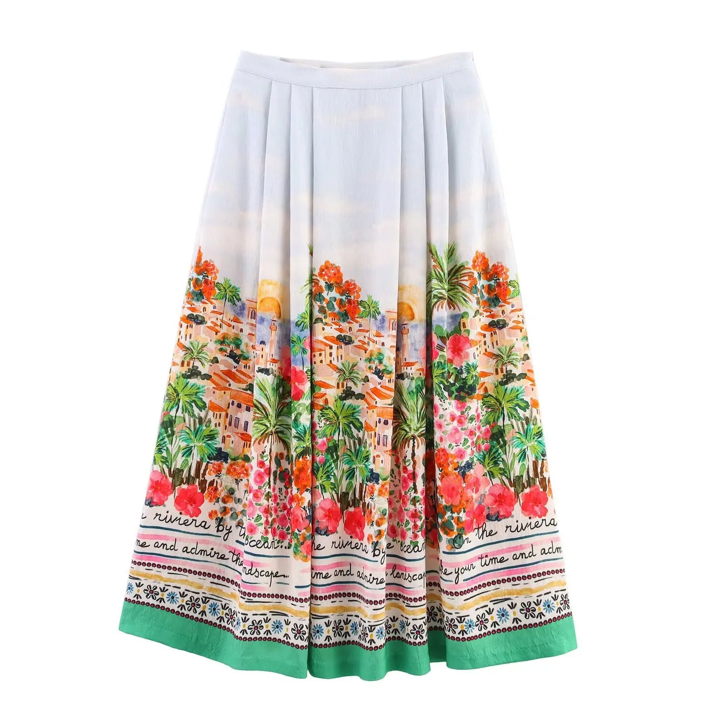 TFAFXY 2025 Summer Printed Pleated Long Skirts For Women Ruffled Elegant Women's Skirts High Waist Casual Loose Midi Skirt