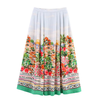 TFAFXY 2025 Summer Printed Pleated Long Skirts For Women Ruffled Elegant Women's Skirts High Waist Casual Loose Midi Skirt