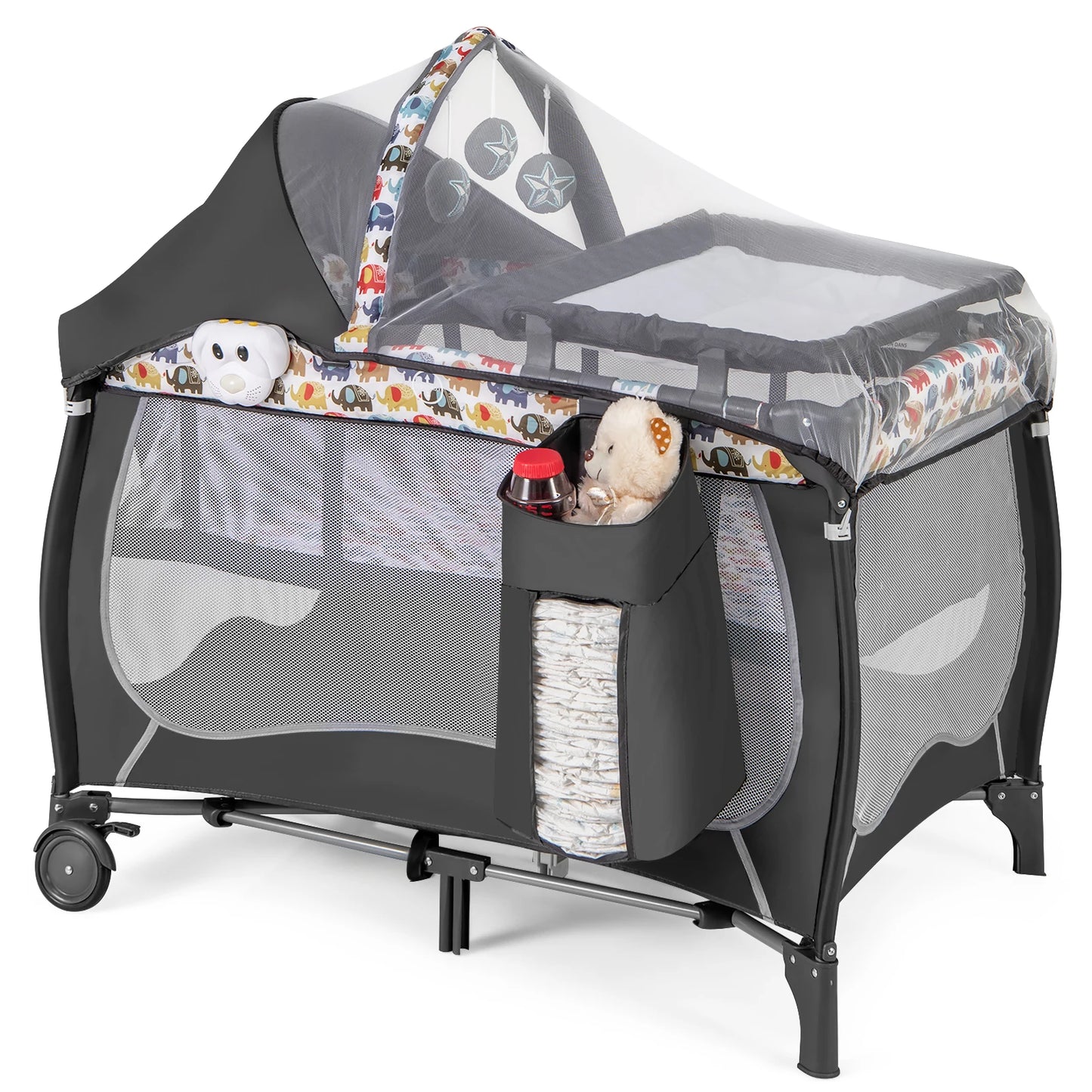 4-in-1 Baby Cot, Portable Cot Travel Cot with Foldable Mattress, Changing Table, Canopy, Play Arch & Music Box