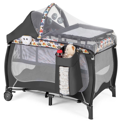 4-in-1 Baby Cot, Portable Cot Travel Cot with Foldable Mattress, Changing Table, Canopy, Play Arch & Music Box