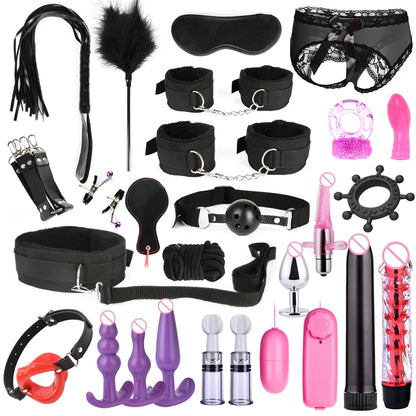 Erotic Sex Toys For Women Adults Games Nylon Bondage BDSM Kits Handcuffs Sex Whip Mouth Gag Rabbit Tail Anal Plug