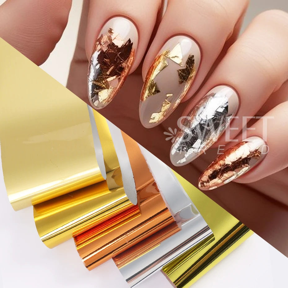 10pcs Metallic Nail Transfer Foils Mirror Gold Silver Purple Starry Paper Gel Polish Transfer Sticker DIY Pattern Manicure Decor