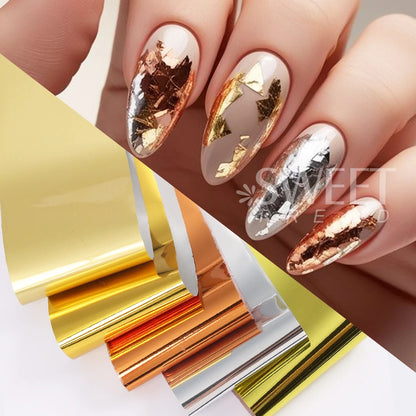 10pcs Metallic Nail Transfer Foils Mirror Gold Silver Purple Starry Paper Gel Polish Transfer Sticker DIY Pattern Manicure Decor