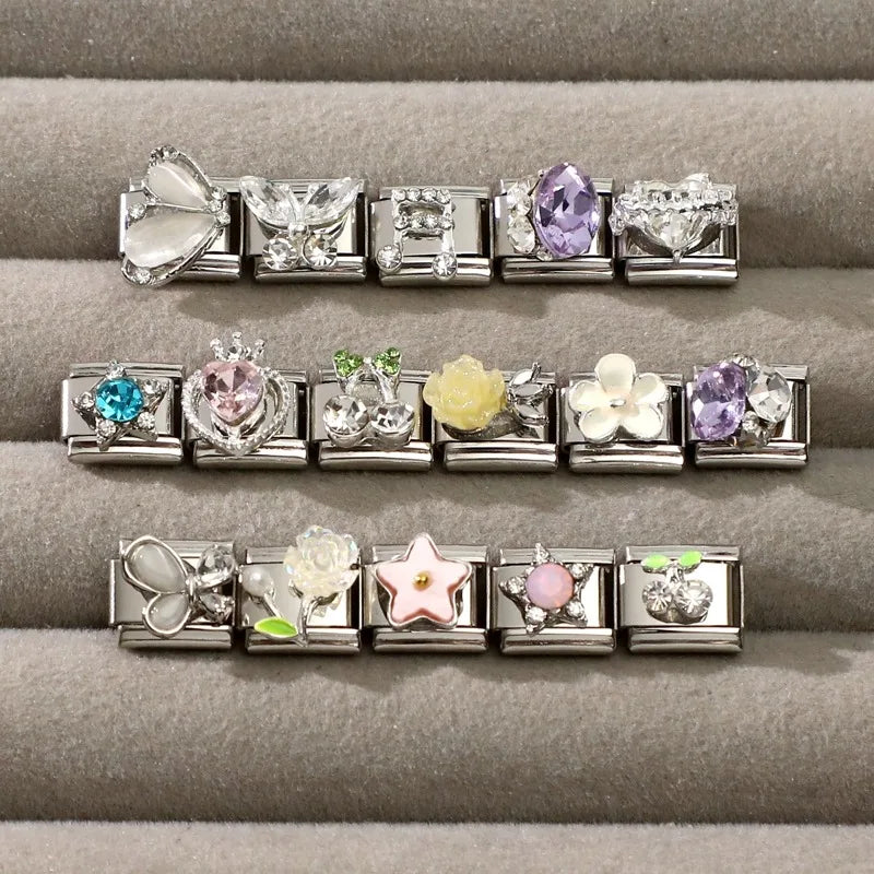 Wholeasle Shiny Zircon Shell Love Heart Devil Eyes Italian Charm Links Fit 9mm Stainless Steel Bracelet Women Jewelry DIY Making