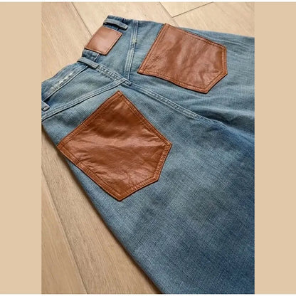 Female Vintage Leather Pocket Jeans Women Blue Zipper Straight Loose Trousers Lady New Fashion Daily Casual Spring Pants 2026