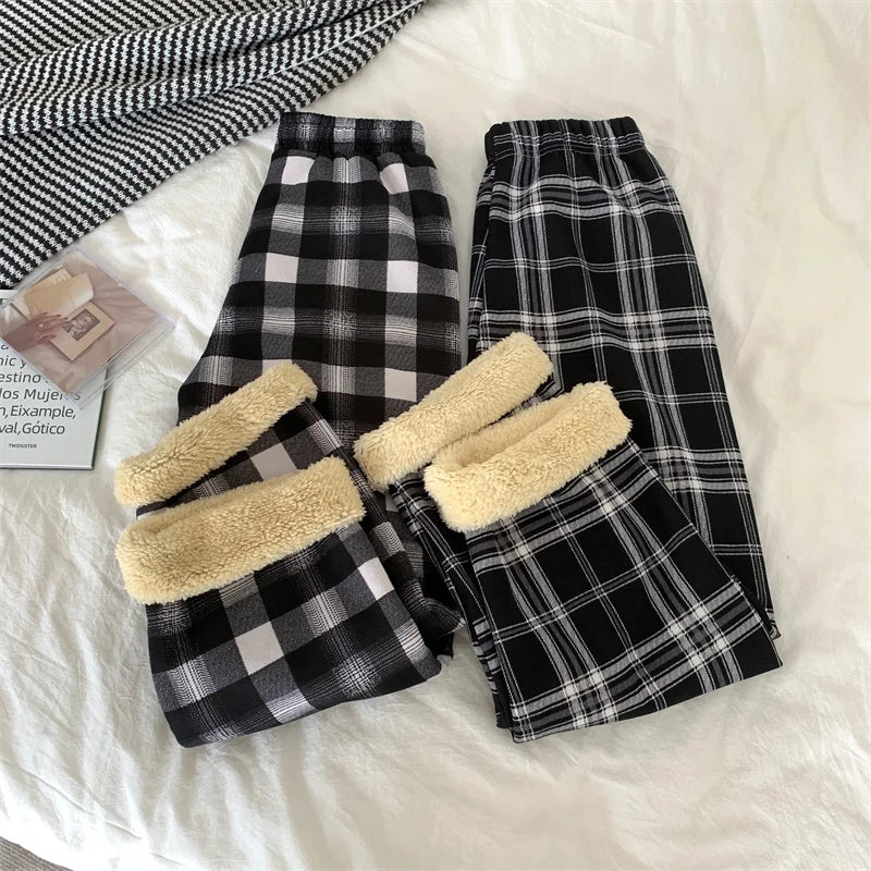 JMPRS Fashion Warm Plush Pants Thick Plaid Women Casual Loose Wide Leg Trousers Korean Streetwear Straight Student Pants New