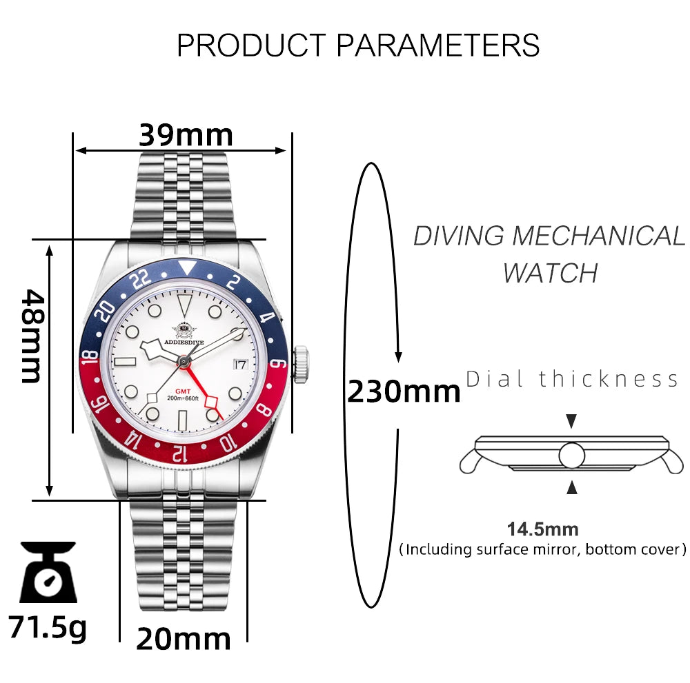 ADDIESDIVE Luxury GMT515-24H Men's Watch Diver 200m Bubble Mirror Glass BGW9 Super Luminous Stainless Steel Men's Analog Watches