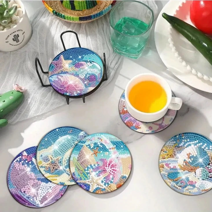 8pcs/Set DIY Diamond Painting Coasters with Holder Anti Slip Wood Drip Mats Crystal Rhinestones Diamond Art Coasters for Adults
