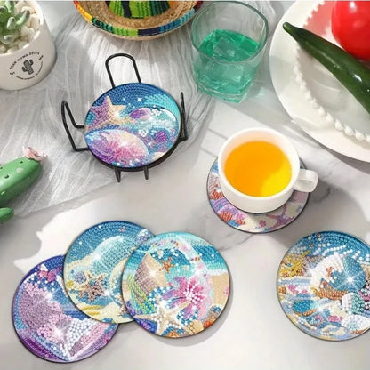 8pcs/Set DIY Diamond Painting Coasters with Holder Anti Slip Wood Drip Mats Crystal Rhinestones Diamond Art Coasters for Adults