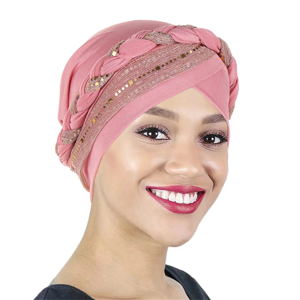 Color Blocked Bright Silk Braid Women Hijabs Turban Hat Solid Color Head Wraps  Pre-tied Elastic Head Scarf Beanies Chemo Cap