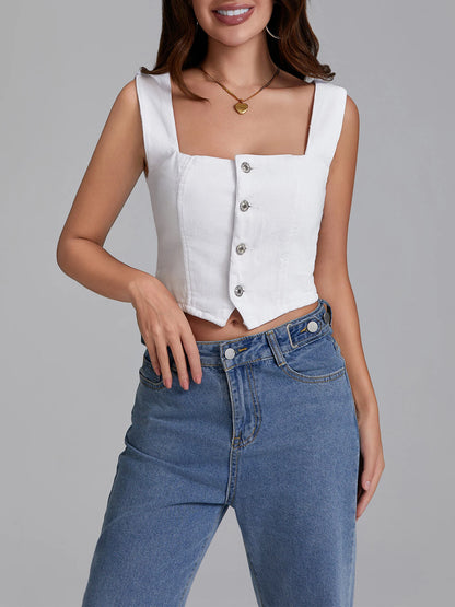 Summer Denim Tank Tops Women Slim Fit Square Neck Backless Back Shirred Sleeveless Button Down Crop Tops for Party Club Night