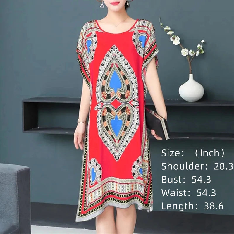 Casual Elegant Bohemian Printed Ethnic Style Retro Floral Woman Summer Street Wear Batwing Sleeve Loose Tunic Maternity Dress