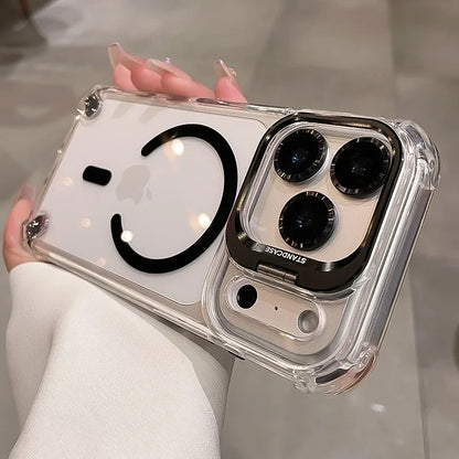 Luxury Transparent Airbag Case For iPhone 17 16 15 14 12 13 Pro Max Plus Air for Magsafe Transparent Camera Stand Holder Cover