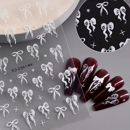 1pcs 5D White Lace Bowknot Nail Art Sticker Sweet Pearl  Bow Ribbon Self-Adhesive Nail Slider DIY Luxury Nail Decorations Decals
