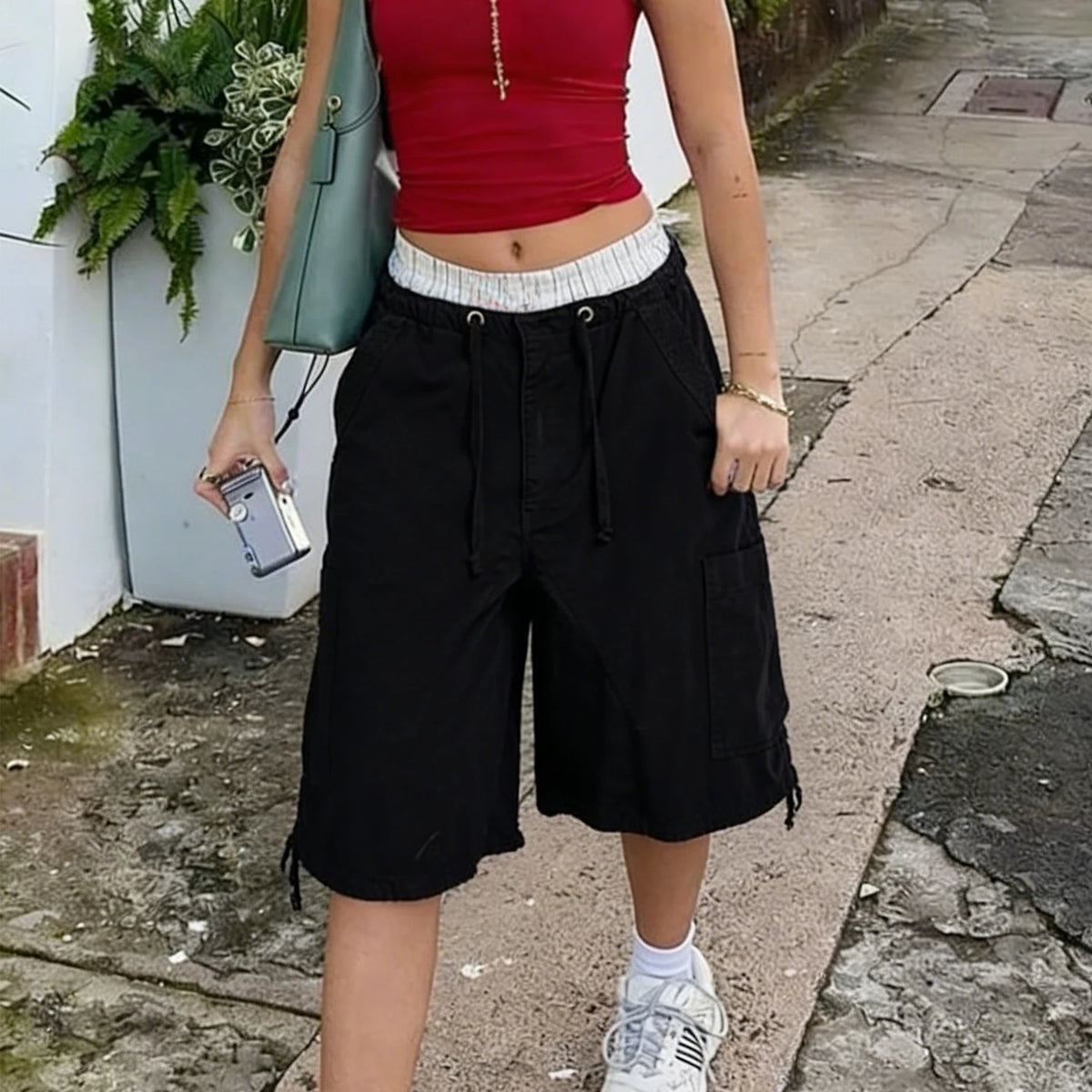 Women Y2K Baggy Cargo Shorts Knee Denim Length Drawstring Waist Multi Pocket Casual Streetwear Summer Loose Fit Jorts