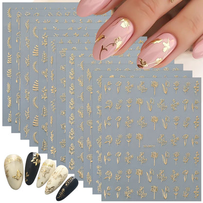 12Pcs 3D Gold Exquisite Flower Leaf Nail Art Stickers Metallic Floral Leaves Self-Adhesive Nail Decals DIY Retro Manicure Decor