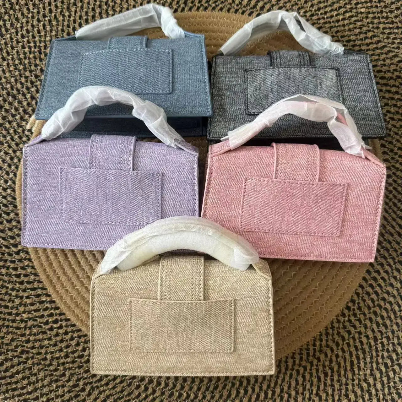 Women Denim Textured Mini Baguette Bag Thin Short Top Handle Detachable Adjustable Crossbody Strap Flap Purse