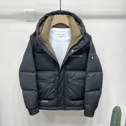 Men's Winter Down Jacket Windproof Thickened Warm Non Washable Hooded White Duck Short Down Coats Trendy Down Puffer Jackets