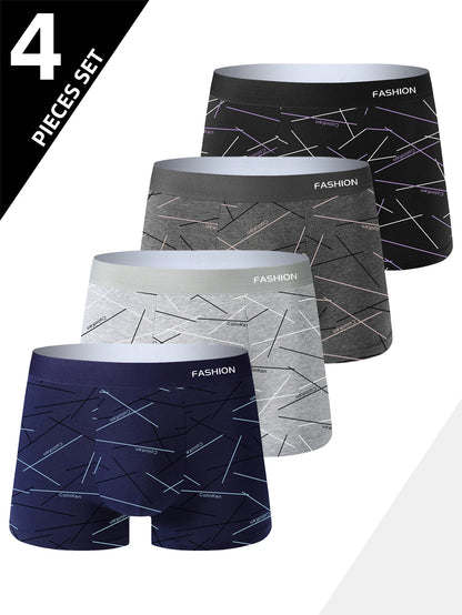 4pcs Men's Underwear, Comfortable, Soft and Fashionable Daily Line Print Intimate Boxer Briefs, Sporty and Breathable Boxers