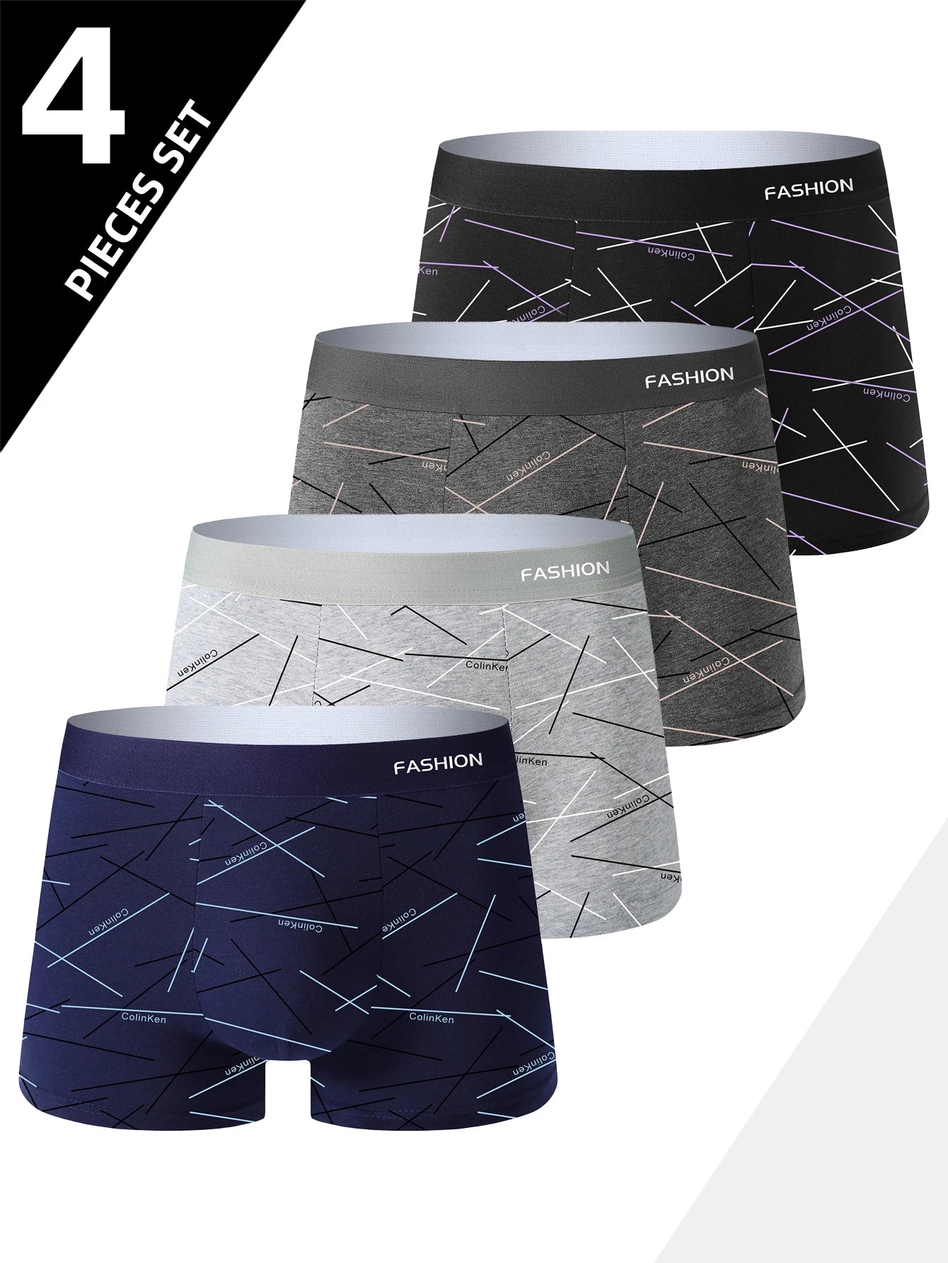 4pcs Men's Underwear, Comfortable, Soft and Fashionable Daily Line Print Intimate Boxer Briefs, Sporty and Breathable Boxers