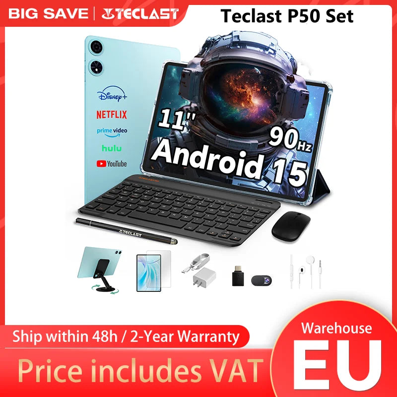 Teclast Tablet P50 Set Android 15 11" T606 8-Core Max 12GB RAM 128GB ROM P50 Case/Keyboard/Mouse/Stylus/Headphone/Stand