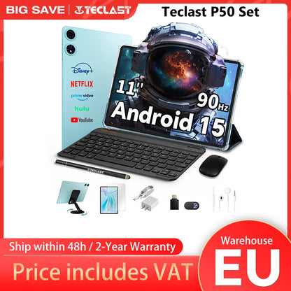 Teclast Tablet P50 Set Android 15 11" T606 8-Core Max 12GB RAM 128GB ROM P50 Case/Keyboard/Mouse/Stylus/Headphone/Stand