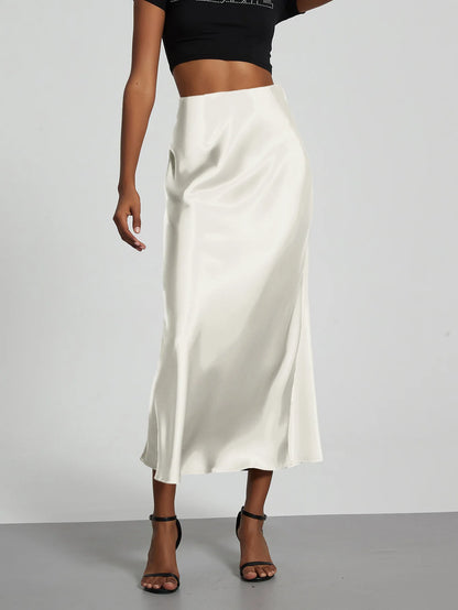 21 Colors New 2026 Women's Elegant High Waist Satin Long Skirts Female Summer Solid Color Faldas
