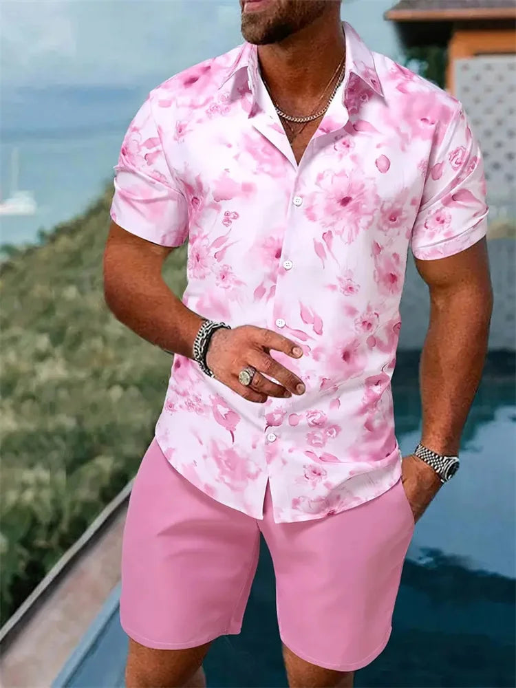 2024 Men's Shirt Shorts Set Two Piece 3D Leaf Print Men's Shirt Short Sleeve Casual Beach Pants Street Vacation Hawaiian Style