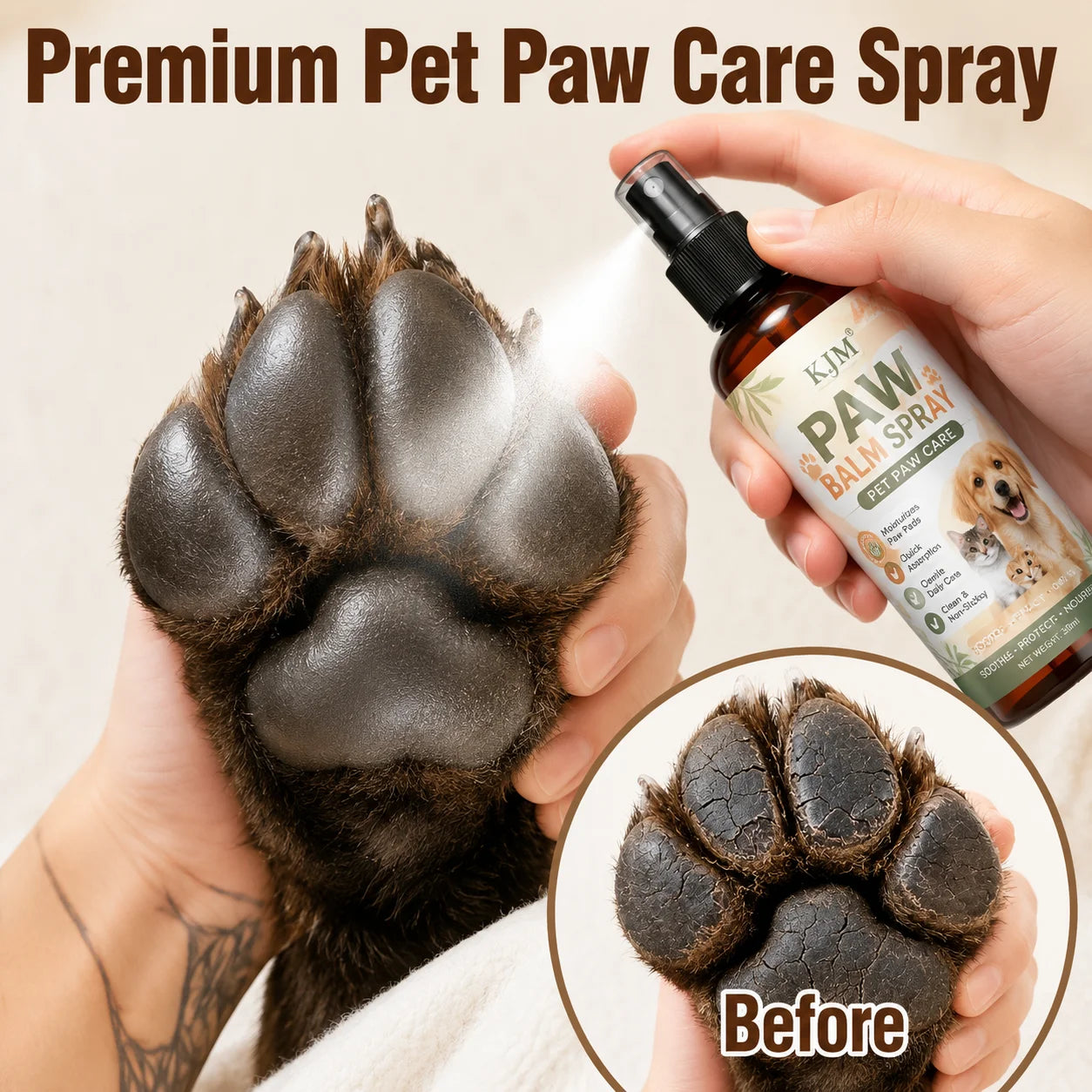 KJM Pet Paw Care Spray For Dogs And Cats 5 In 1 Moisturizing No Rinse Travel Formula For Dry Cracked Paw Pads All Breeds
