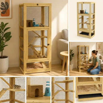 Cage for hamsters or small animals in wood 5 levels with niche balançoire 54 x 38 x 131 cm natural