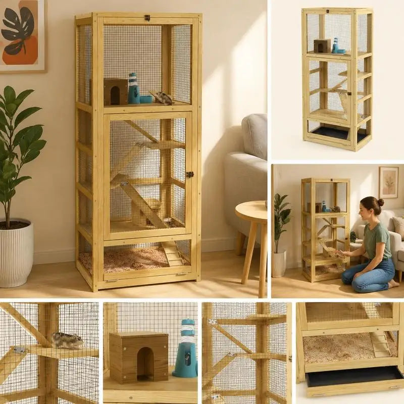 Cage for hamsters or small animals in wood 5 levels with niche balançoire 54 x 38 x 131 cm natural