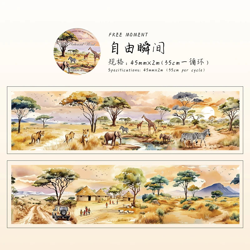 45mm * 2m Free Wind Series Retro Watercolor Landscape PET Stickers Creative Decor DIY Diary Scrapbook Collage Aesthetic Supplies