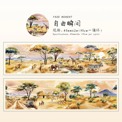 45mm * 2m Free Wind Series Retro Watercolor Landscape PET Stickers Creative Decor DIY Diary Scrapbook Collage Aesthetic Supplies