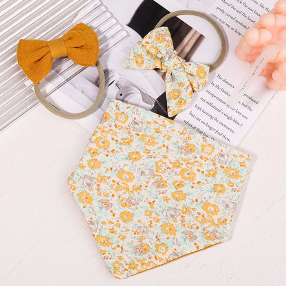 3Pcs/Set Muslin Cotton Print Bib Newborn Bows Headband Triangle Saliva Towel Infant Boy Girl Feeding Burp Baby Hair Accessories