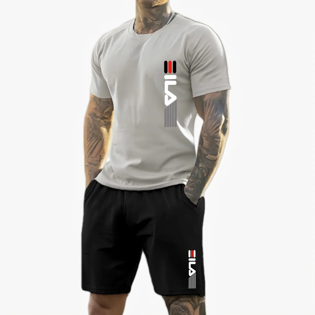 Men 2025 summer new casual sports suit Fashion breathable outdoor men's short-sleeved T-shirt + training shorts two-piece set