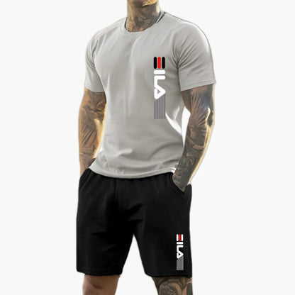 Men 2025 summer new casual sports suit Fashion breathable outdoor men's short-sleeved T-shirt + training shorts two-piece set
