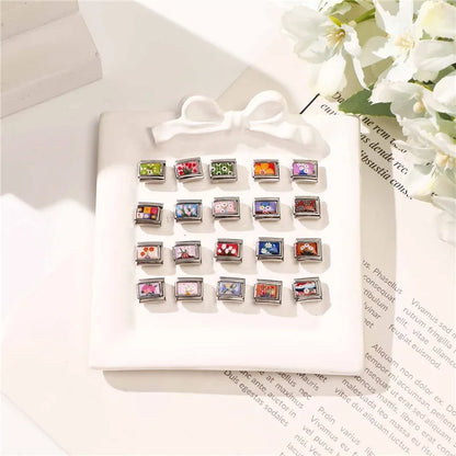 2025 Women's Fashion Colorful Flowers Oil Painting Style Series Italian Charms Fit 9mm Stainless Steel Bracelet DIY Jewelry Gift