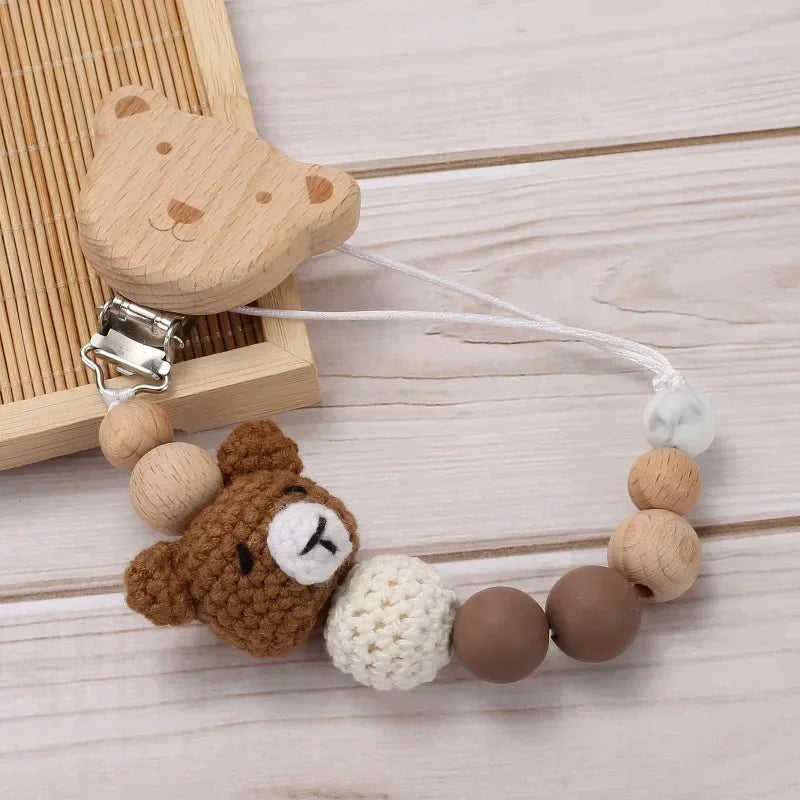 Cartoon Bunny Pacifier Chain Clip Wood Crochet Bear Teething Chain Baby Teether Soother Holder Newborn Chew Toys Pacifier Clips