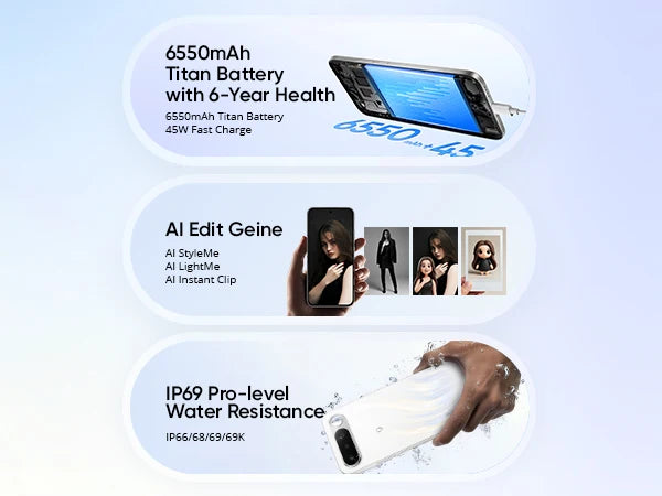 realme 16 5G, 45 W fast charging, flat AMOLED screen, 50 MP, 6550 mAh, fast charging, IP69