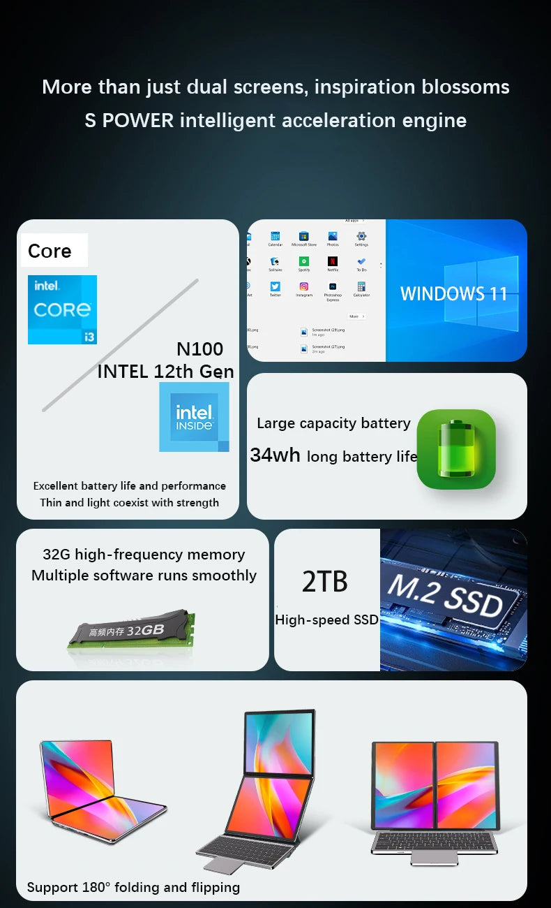 GLF-S2 10.9+10.95 Inch Dual Screen Laptop Intel I3 1215U N100 Touchscreen Notebook WIFI 6 180° Flip Win11 Laptop Tablet Computer