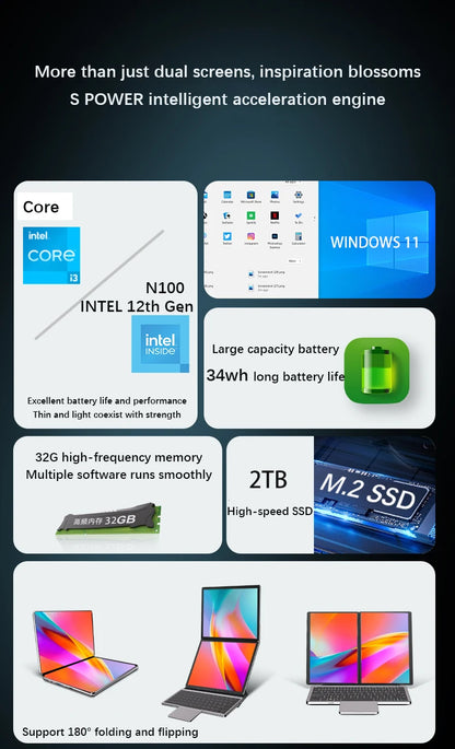 GLF-S2 10.9+10.95 Inch Dual Screen Laptop Intel I3 1215U N100 Touchscreen Notebook WIFI 6 180° Flip Win11 Laptop Tablet Computer