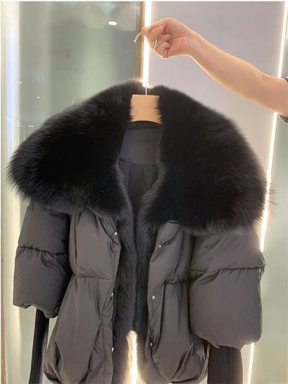 Oversized Winter Warm Real Fox Fur Collar Black Down Coat Women Puffer Outerwear Jackets 2024 Autumn Winter
