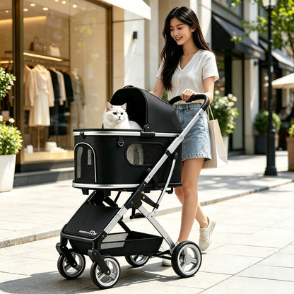 Aluminum Alloy Lightweight Pet Stroller Detachable Carrier One-Click Fold Shock Absorb Dog Cat Outdoor Travel Cart Wholesale