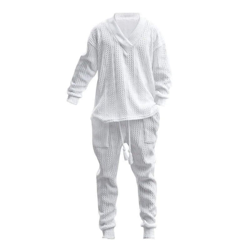 2025 Cross-border New Men's Casual Trousers V-Neck Versatile Jacquard Knitted Sweater Set