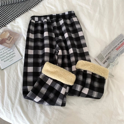 JMPRS Fashion Warm Plush Pants Thick Plaid Women Casual Loose Wide Leg Trousers Korean Streetwear Straight Student Pants New