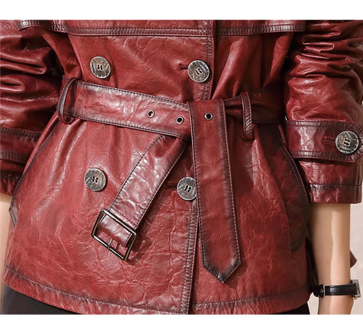 Roupas Femininas Autumn Women Suit Collar Lace-up Waist Oil Wax Sheepskin Gabardina Mujer Vintage Red Short Leather Trench Coat