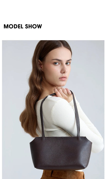 Luxury Women's Genuine Cowhide Leather Mini Shoulder Tote Bag Pebbled Leather Long Strap Underarm Handbag Minimalist Daily Purse